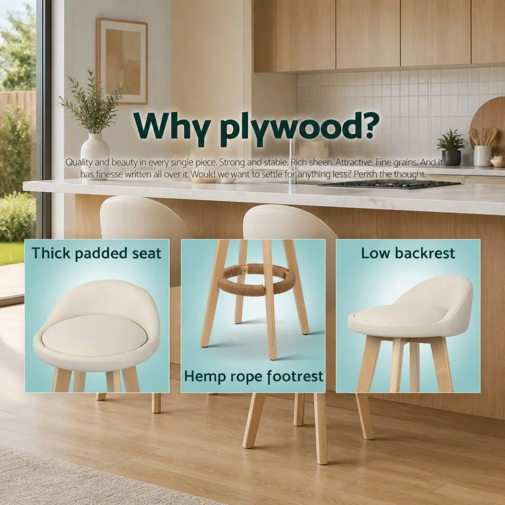 Bar Stools Padded Seat Wooden Frame 69cm Beige Set of 4
