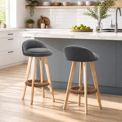 Bar Stools Padded Linen Wooden Grey Swivel 360 Degrees Footrest Set of 2