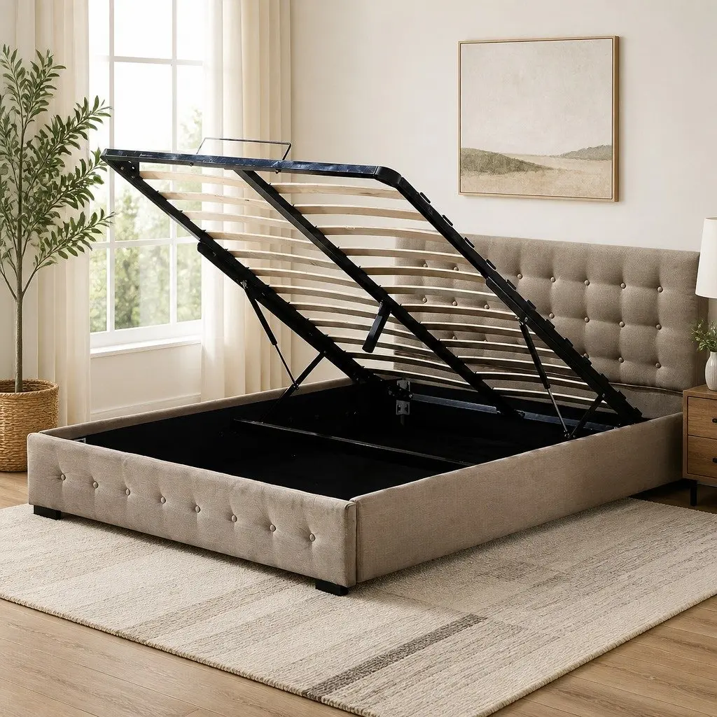 Fabric Bed Frame Double Gas Lift Storage Beige Upholstered Bedroom Furniture