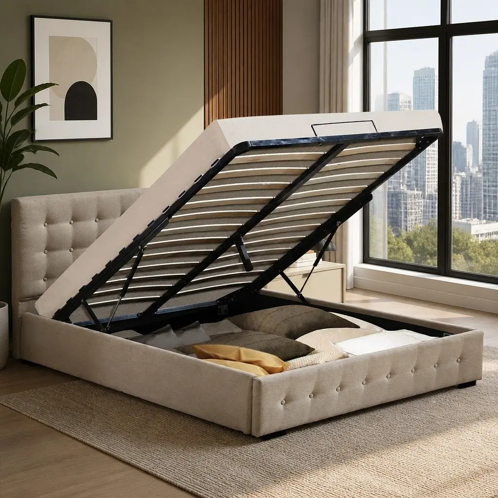 Fabric Bed Frame Double Gas Lift Storage Beige Upholstered Bedroom Furniture