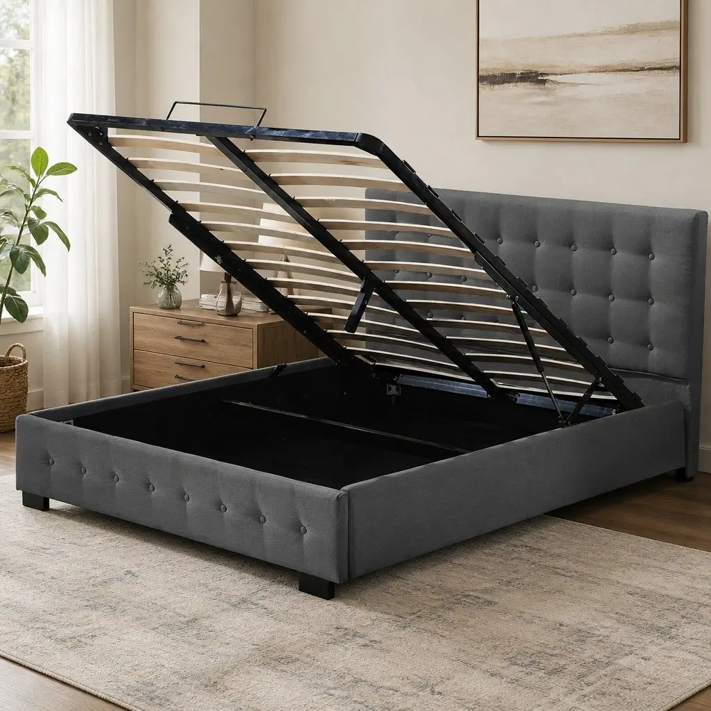 Gas Lift Storage Bed Frame Double Upholstered Fabric Base Dark Grey