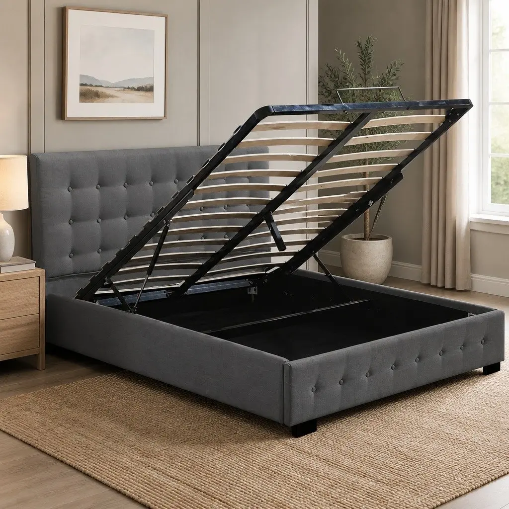 Gas Lift Storage Bed Frame Double Upholstered Fabric Base Dark Grey