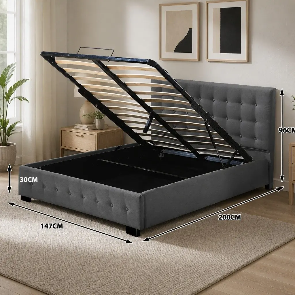 Gas Lift Storage Bed Frame Double Upholstered Fabric Base Dark Grey