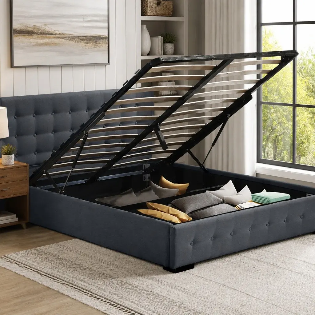 Gas Lift Storage Bed Frame Double Upholstered Fabric Base Dark Grey