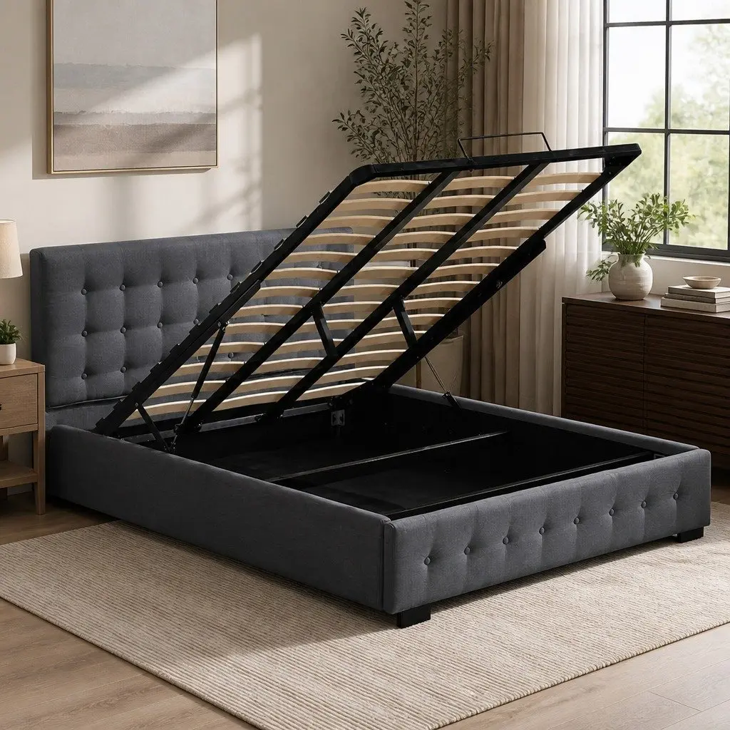 King Bed Frame Upholstered Fabric Tufted Dark Grey Gas Lift Storage Wooden