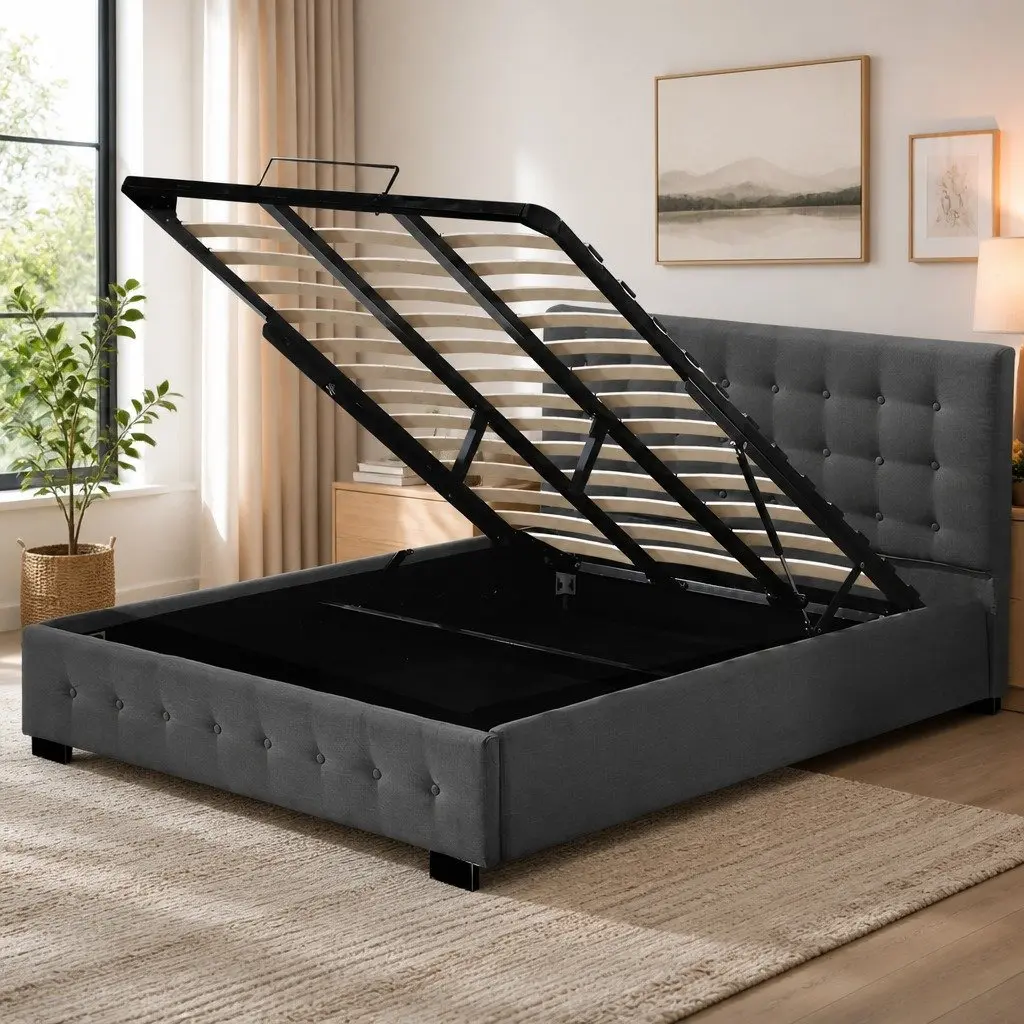 King Bed Frame Upholstered Fabric Tufted Dark Grey Gas Lift Storage Wooden