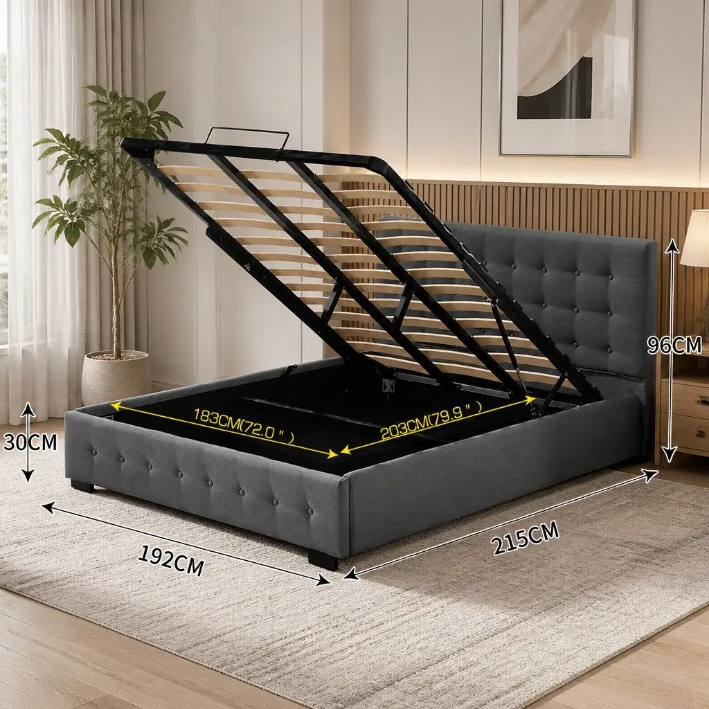 King Bed Frame Upholstered Fabric Tufted Dark Grey Gas Lift Storage Wooden