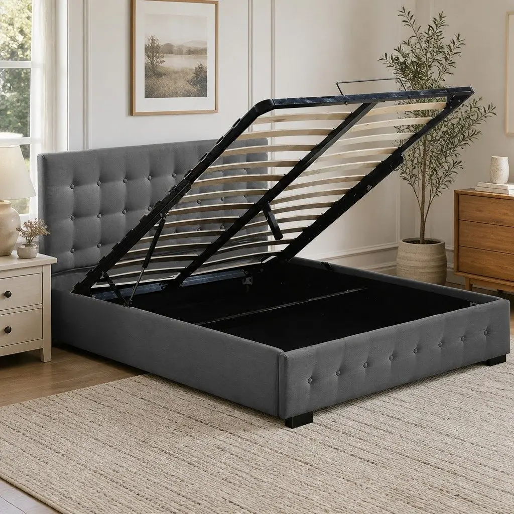 Queen Bed Frame Upholstered Fabric Tufted Dark Grey Gas Lift Storage