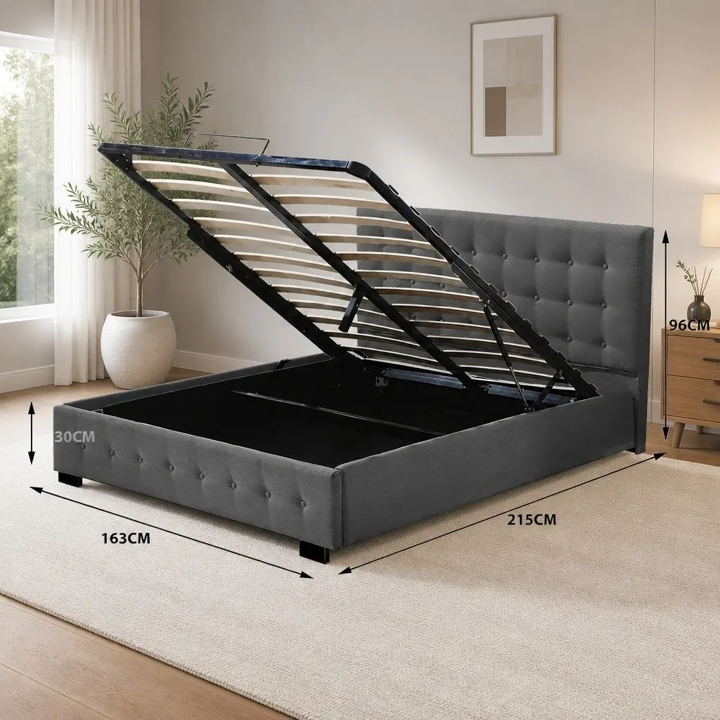 Queen Bed Frame Upholstered Fabric Tufted Dark Grey Gas Lift Storage