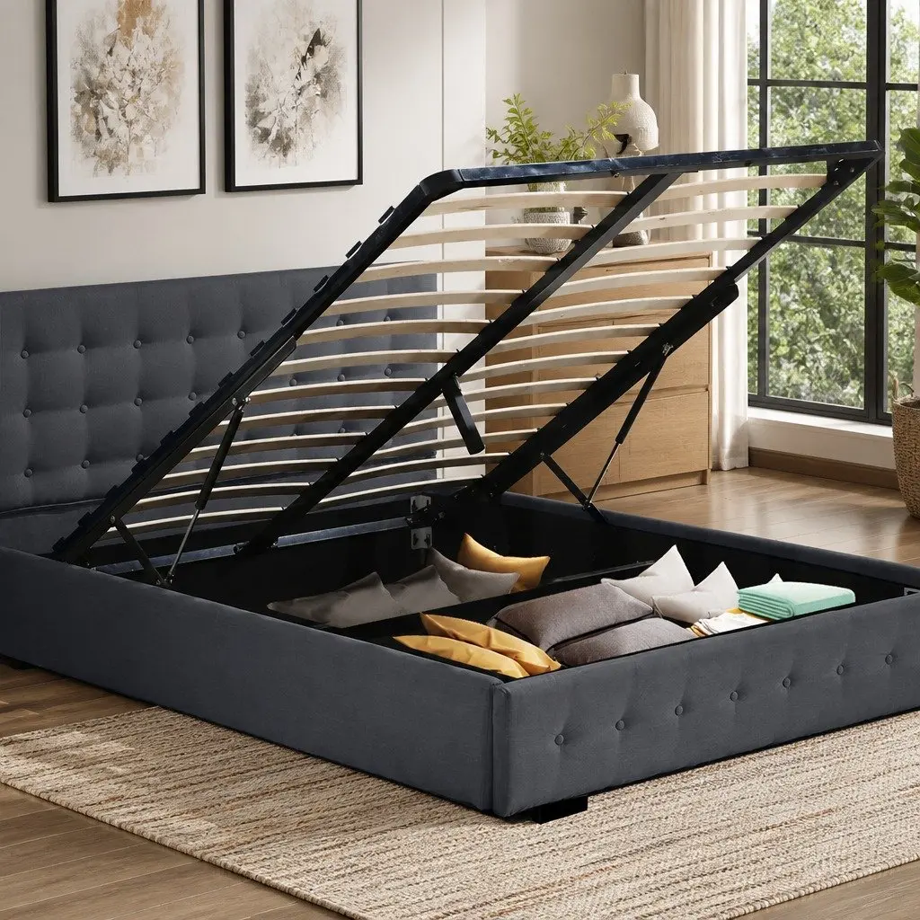 Queen Bed Frame Upholstered Fabric Tufted Dark Grey Gas Lift Storage