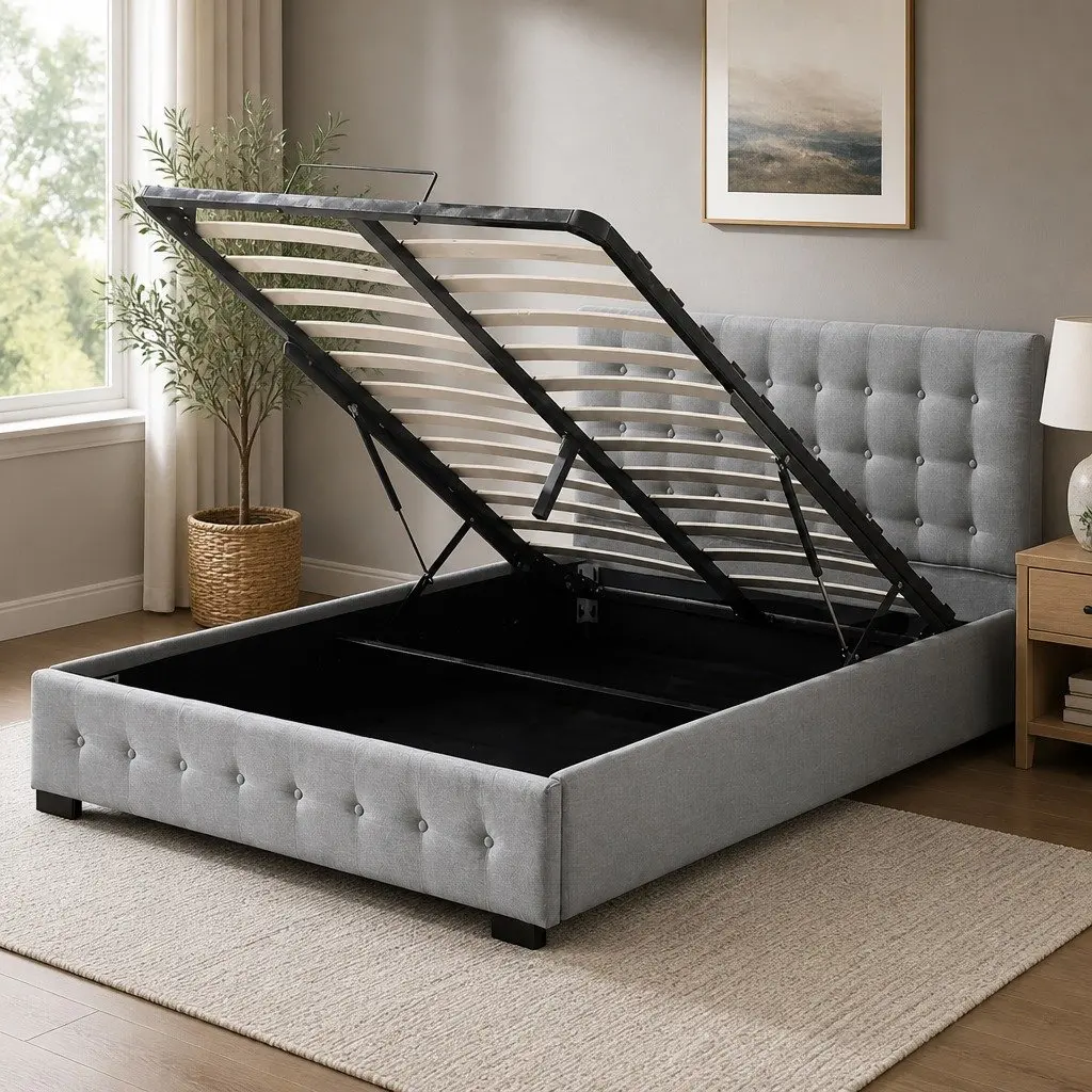 Queen Bed Frame Fabric Upholstered Tufted Grey Gas Lift Storage Wooden Arched