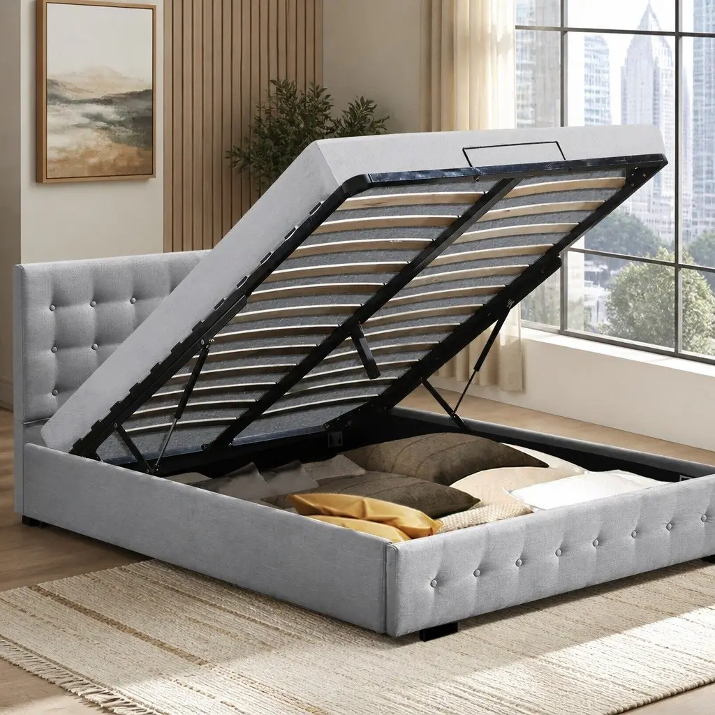 Queen Bed Frame Fabric Upholstered Tufted Grey Gas Lift Storage Wooden Arched