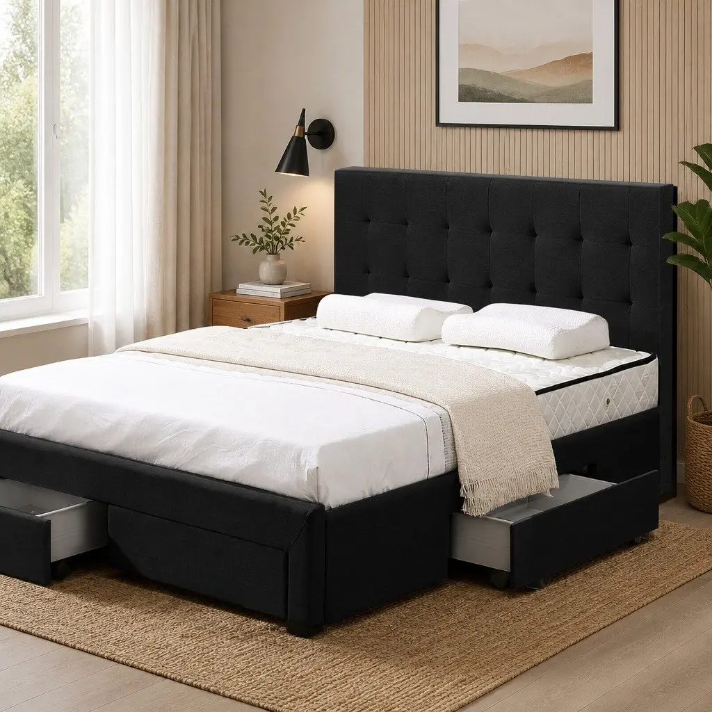 Queen Bed Frame Upholstered Storage Drawers Dark Grey Bedroom Furniture