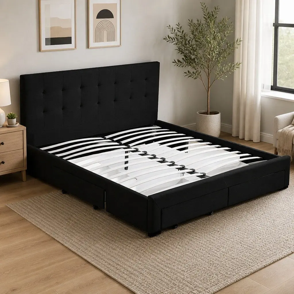 Queen Bed Frame Upholstered Storage Drawers Dark Grey Bedroom Furniture
