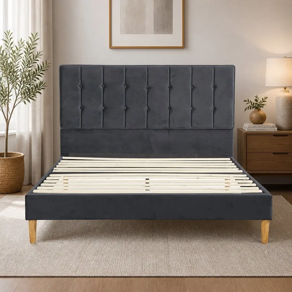 Fabric Bed Frame Double Size Upholstered Padded Headboard Grey Wooden Slats
