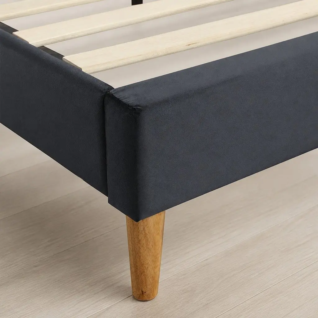 Fabric Bed Frame Double Size Upholstered Padded Headboard Grey Wooden Slats