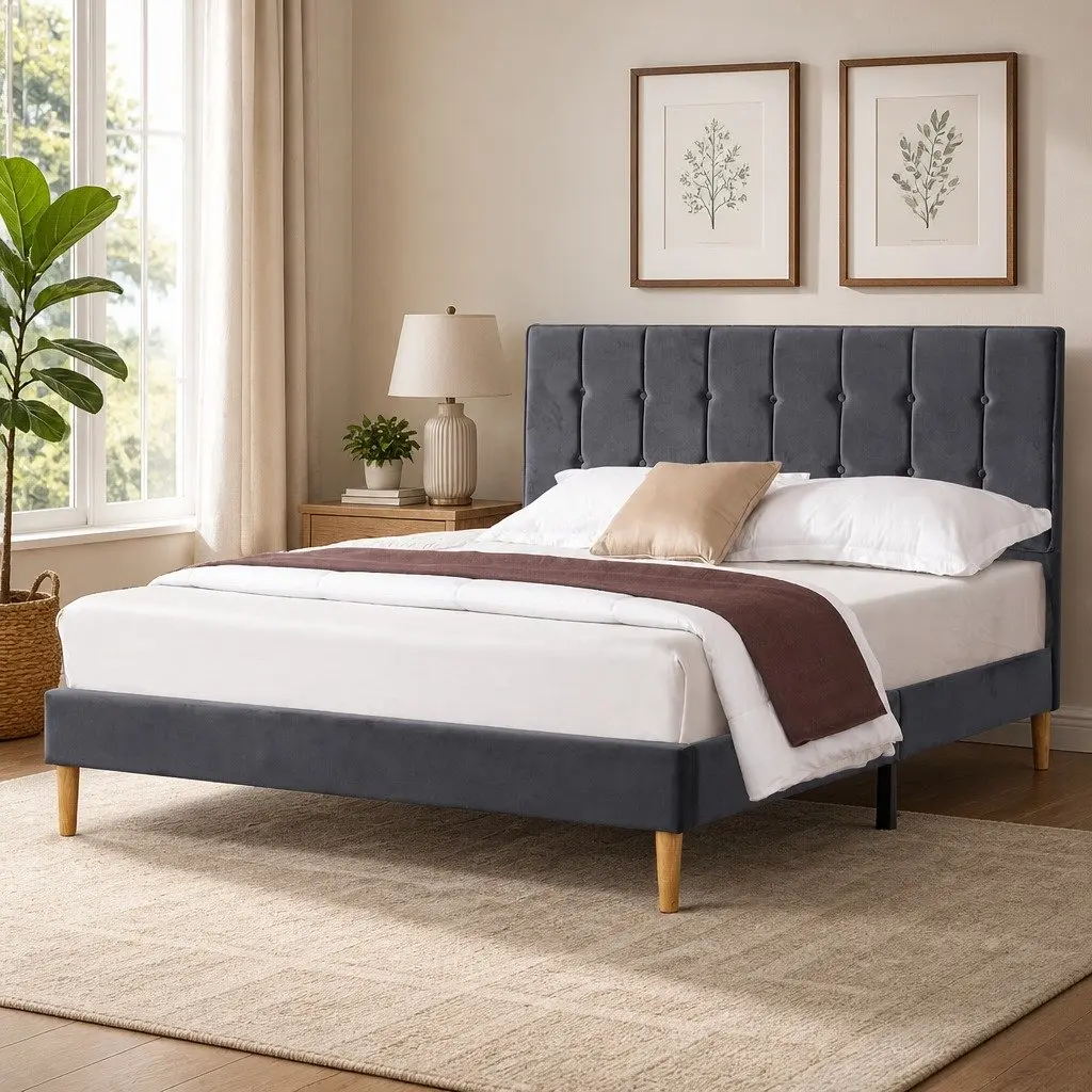 Fabric Bed Frame Double Size Upholstered Padded Headboard Grey Wooden Slats