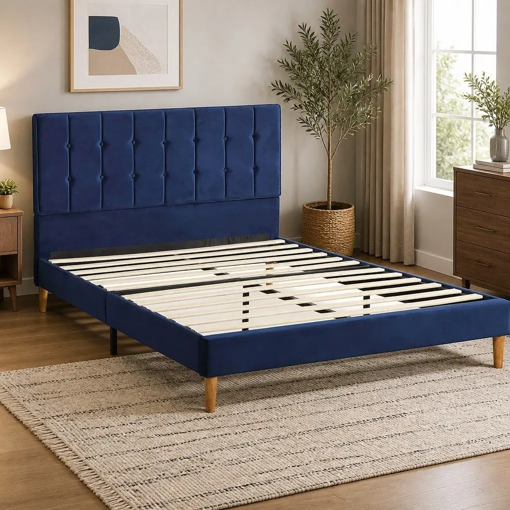 Queen Size Bed Frame with Velvet Padded Headboard Solid Wood Slats Platform