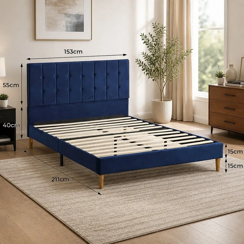 Queen Size Bed Frame with Velvet Padded Headboard Solid Wood Slats Platform