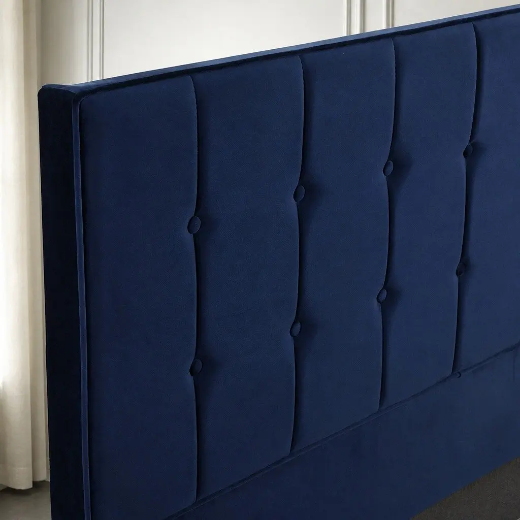 Queen Size Bed Frame with Velvet Padded Headboard Solid Wood Slats Platform