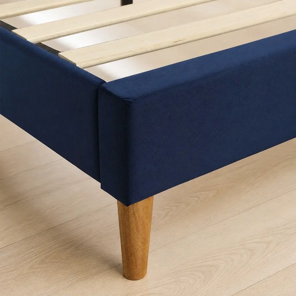 Queen Size Bed Frame with Velvet Padded Headboard Solid Wood Slats Platform