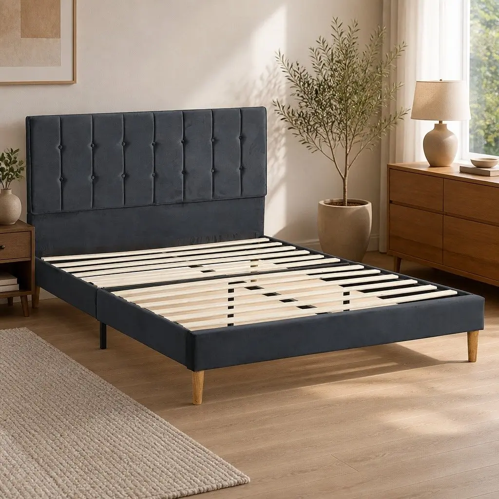 Queen Size Bed Frame with Velvet Padded Headboard Wooden Slat Platform Mattress