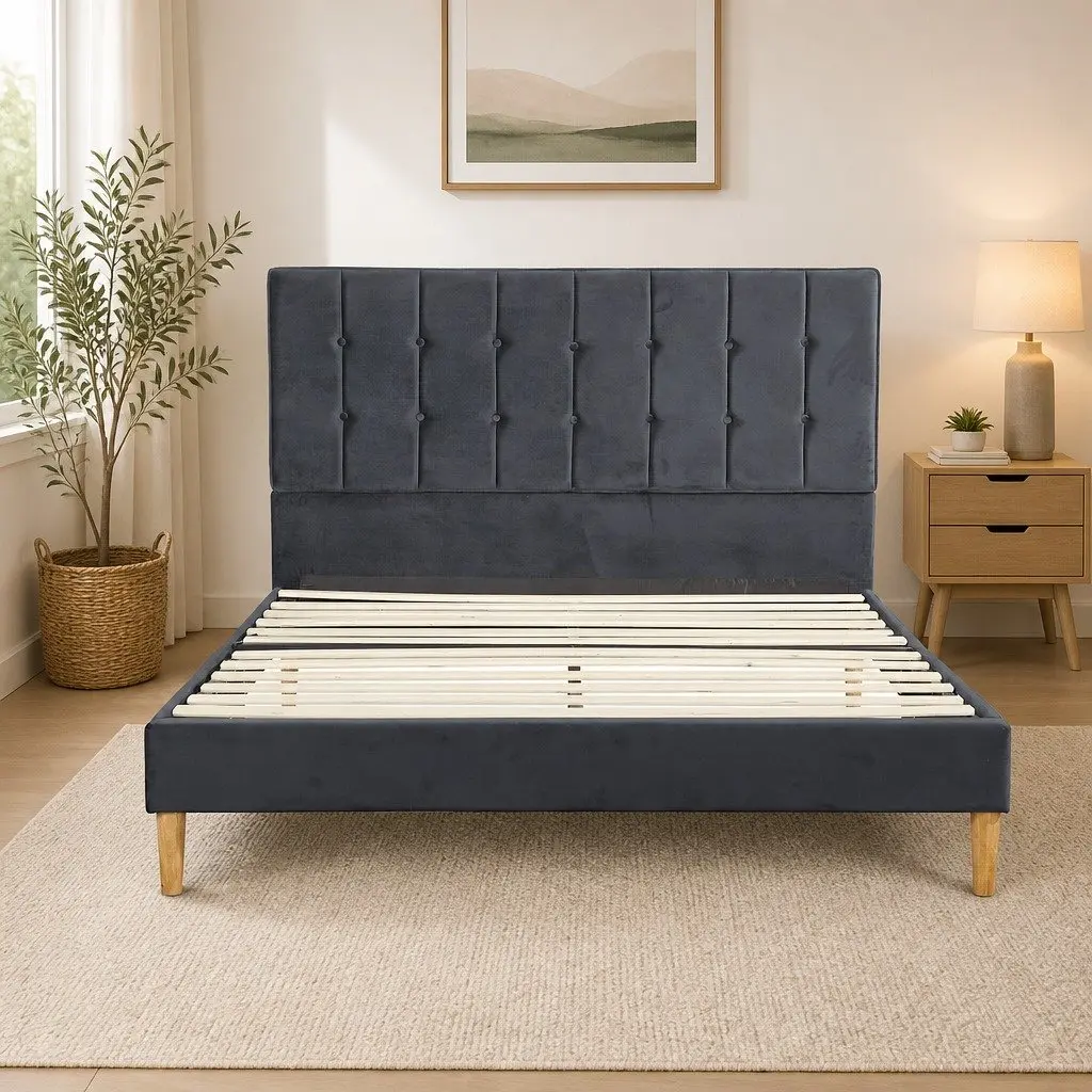 Queen Size Bed Frame with Velvet Padded Headboard Wooden Slat Platform Mattress