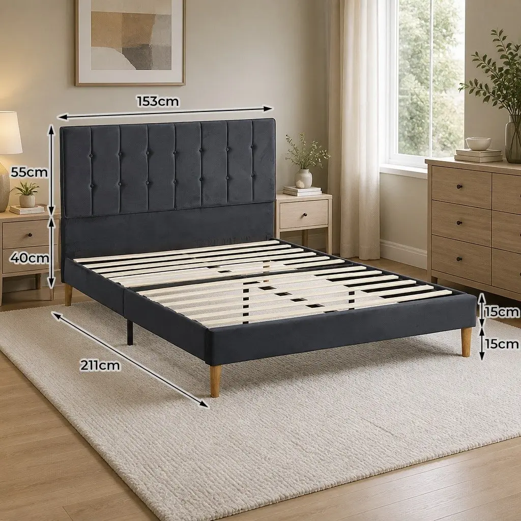 Queen Size Bed Frame with Velvet Padded Headboard Wooden Slat Platform Mattress