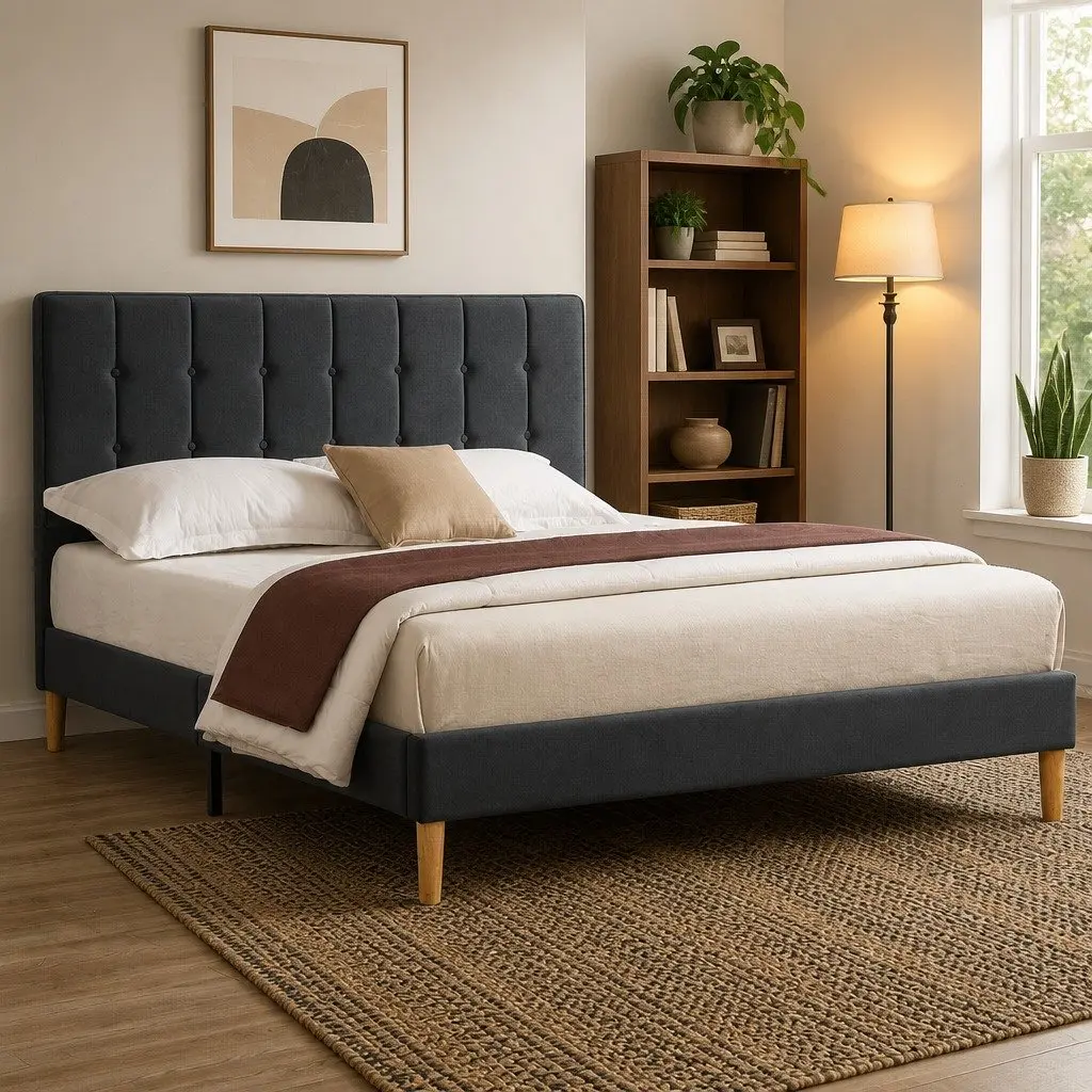 Queen Size Bed Frame with Velvet Padded Headboard Wooden Slat Platform Mattress