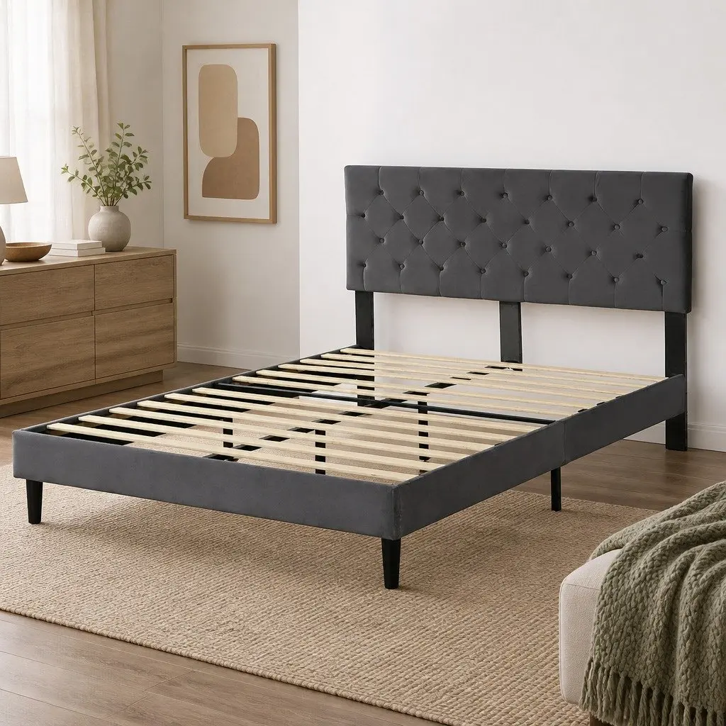 Double Bed Frame Grey Velvet Headboard Wooden Slat Platform Noise-Free Sleep