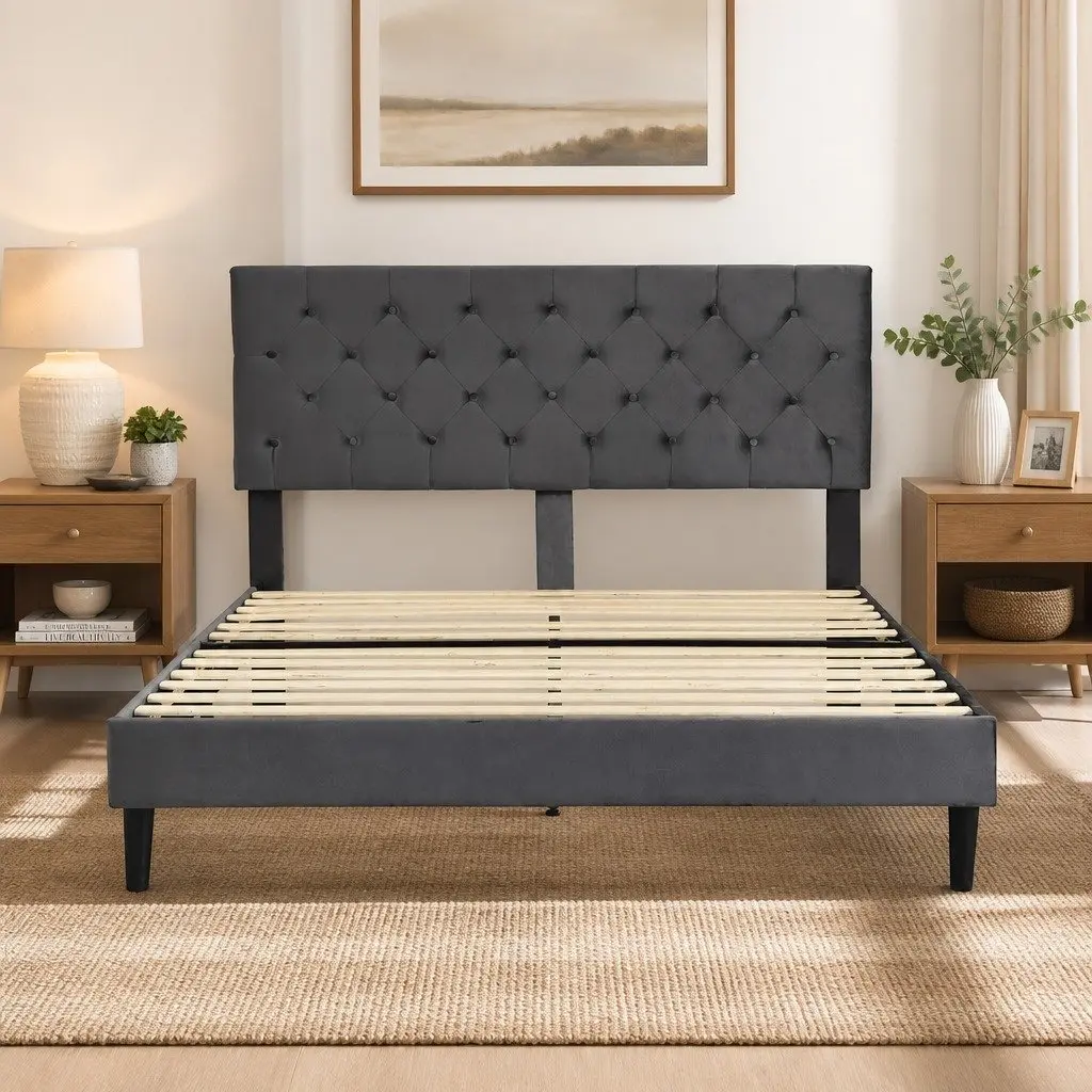 Double Bed Frame Grey Velvet Headboard Wooden Slat Platform Noise-Free Sleep
