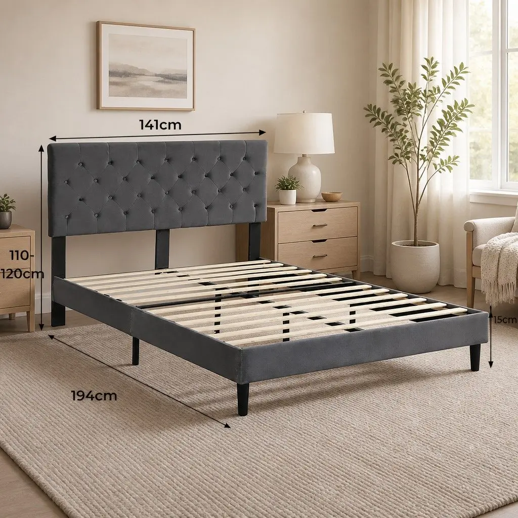 Double Bed Frame Grey Velvet Headboard Wooden Slat Platform Noise-Free Sleep