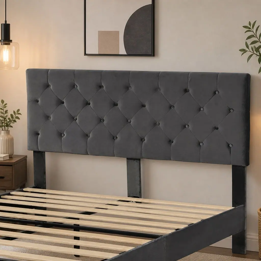 Double Bed Frame Grey Velvet Headboard Wooden Slat Platform Noise-Free Sleep