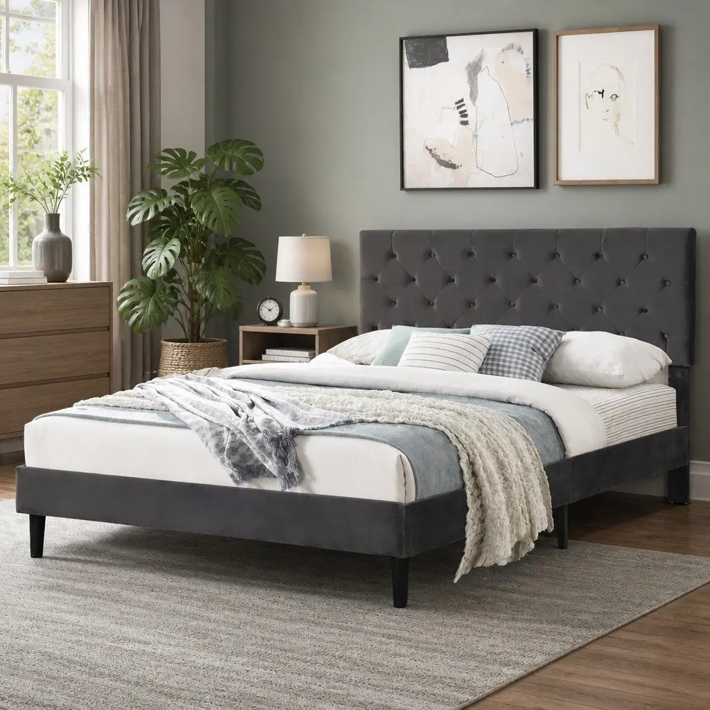 Double Bed Frame Grey Velvet Headboard Wooden Slat Platform Noise-Free Sleep