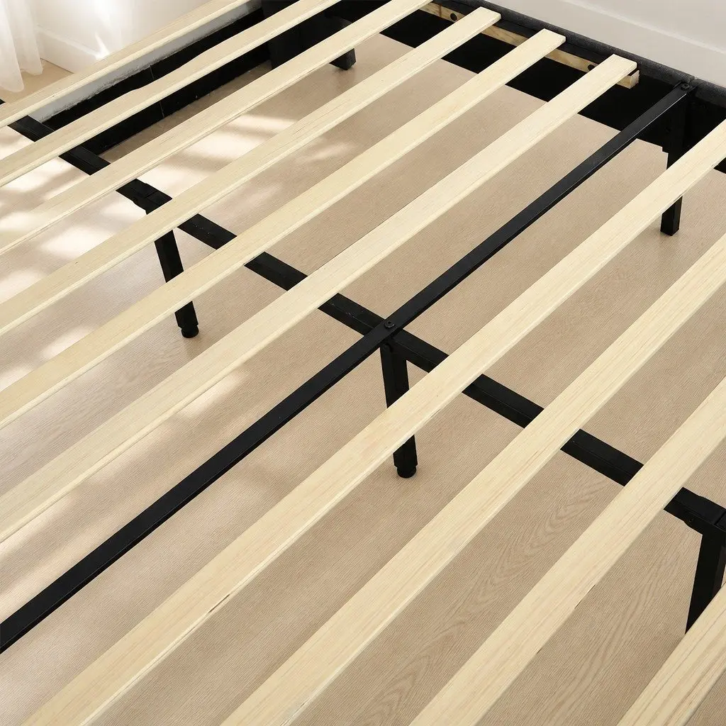 Queen Size Bed Frame with Velvet Headboard Wooden Slat Platform Mattress Base