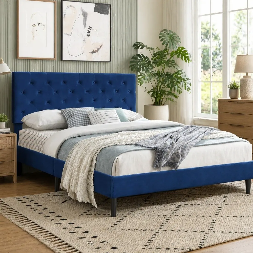 Queen Size Bed Frame with Velvet Headboard Wooden Slat Platform Mattress Base