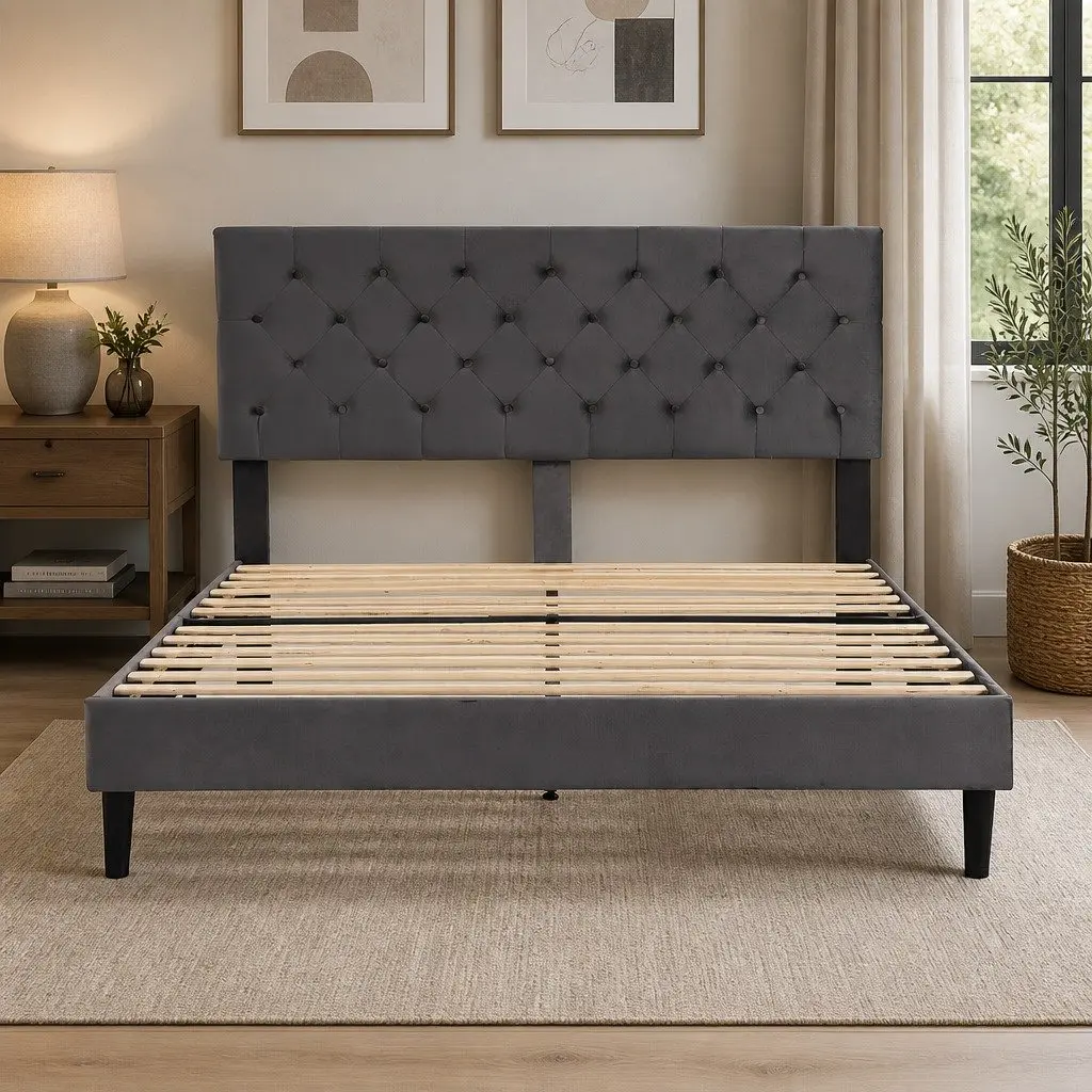 Queen Bed Frame Velvet Upholstered Headboard Wooden Slat Support Grey Bedroom