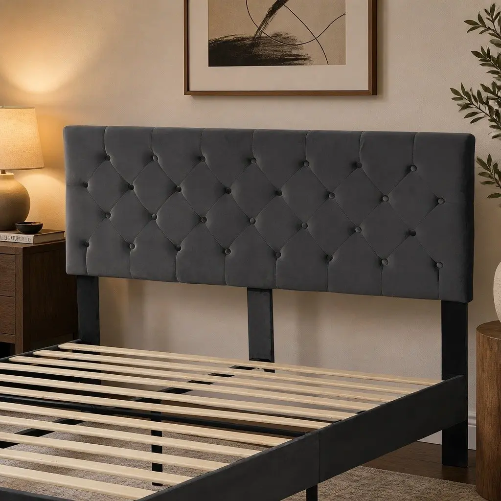 Queen Bed Frame Velvet Upholstered Headboard Wooden Slat Support Grey Bedroom