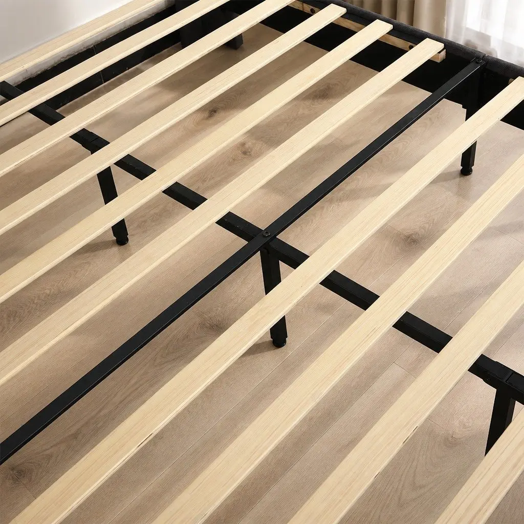 Queen Bed Frame Velvet Upholstered Headboard Wooden Slat Support Grey Bedroom