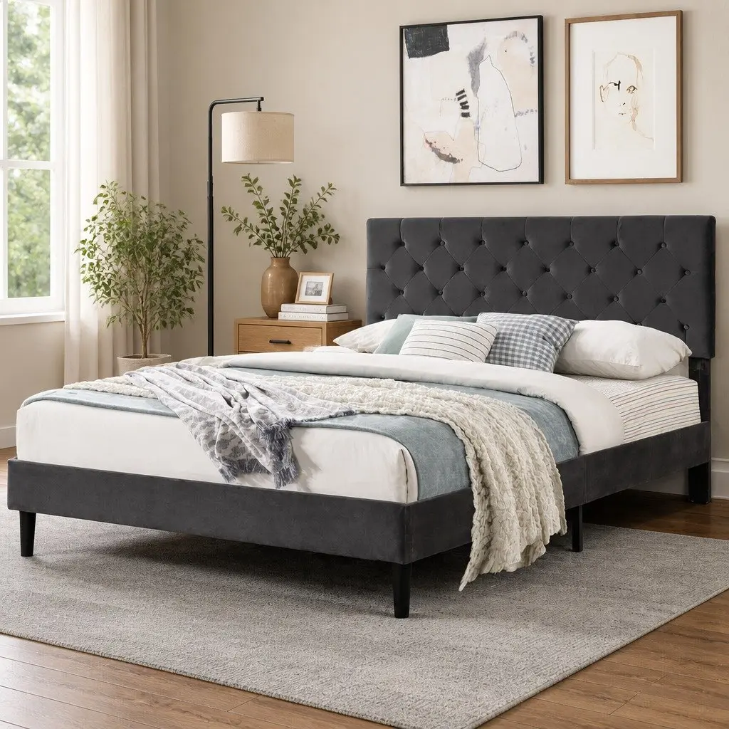 Queen Bed Frame Velvet Upholstered Headboard Wooden Slat Support Grey Bedroom