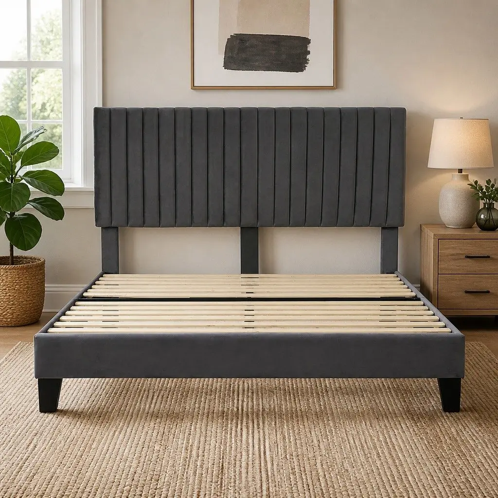 Queen Size Bed Frame Grey Velvet Padded Headboard Wooden Slat Platform Base