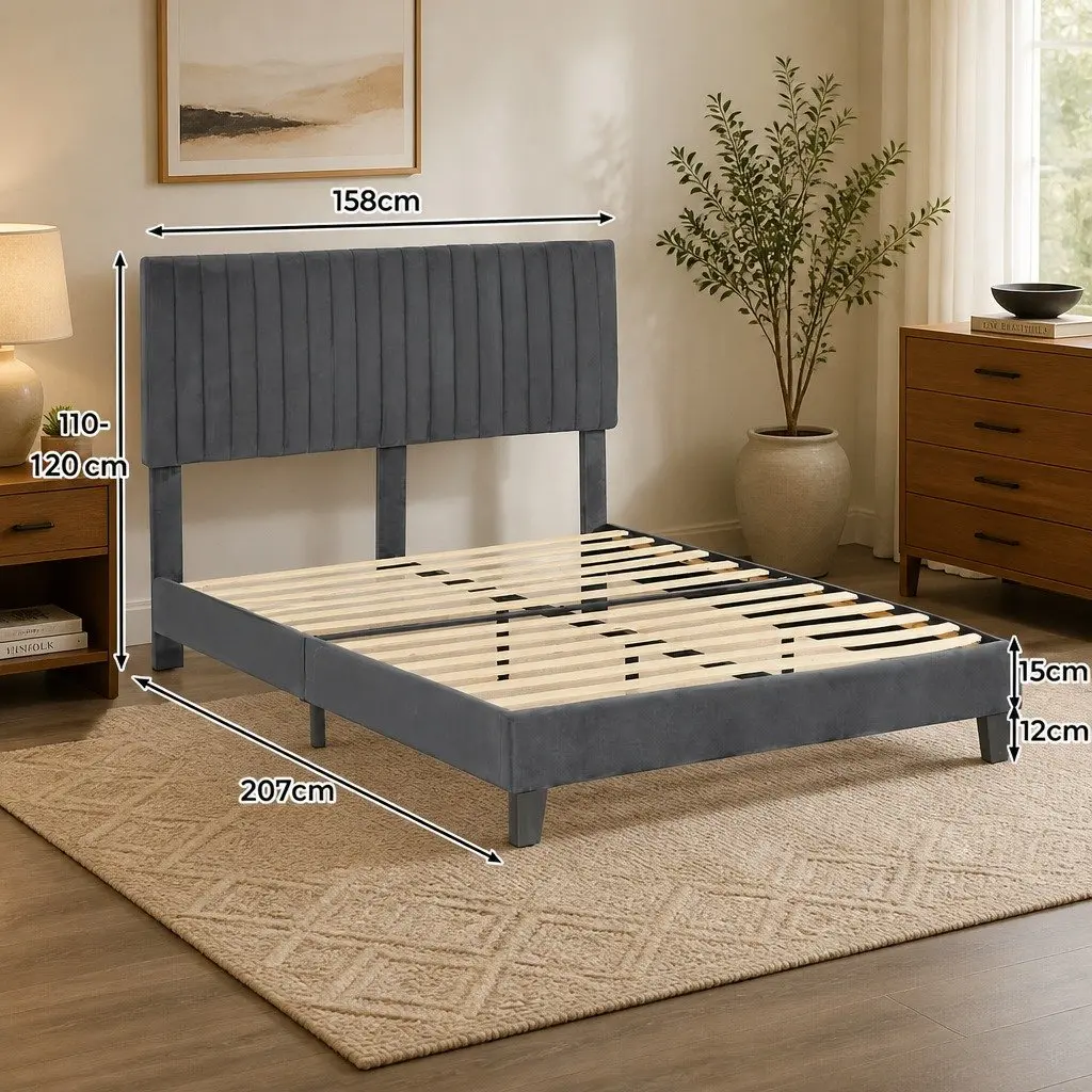 Queen Size Bed Frame Grey Velvet Padded Headboard Wooden Slat Platform Base