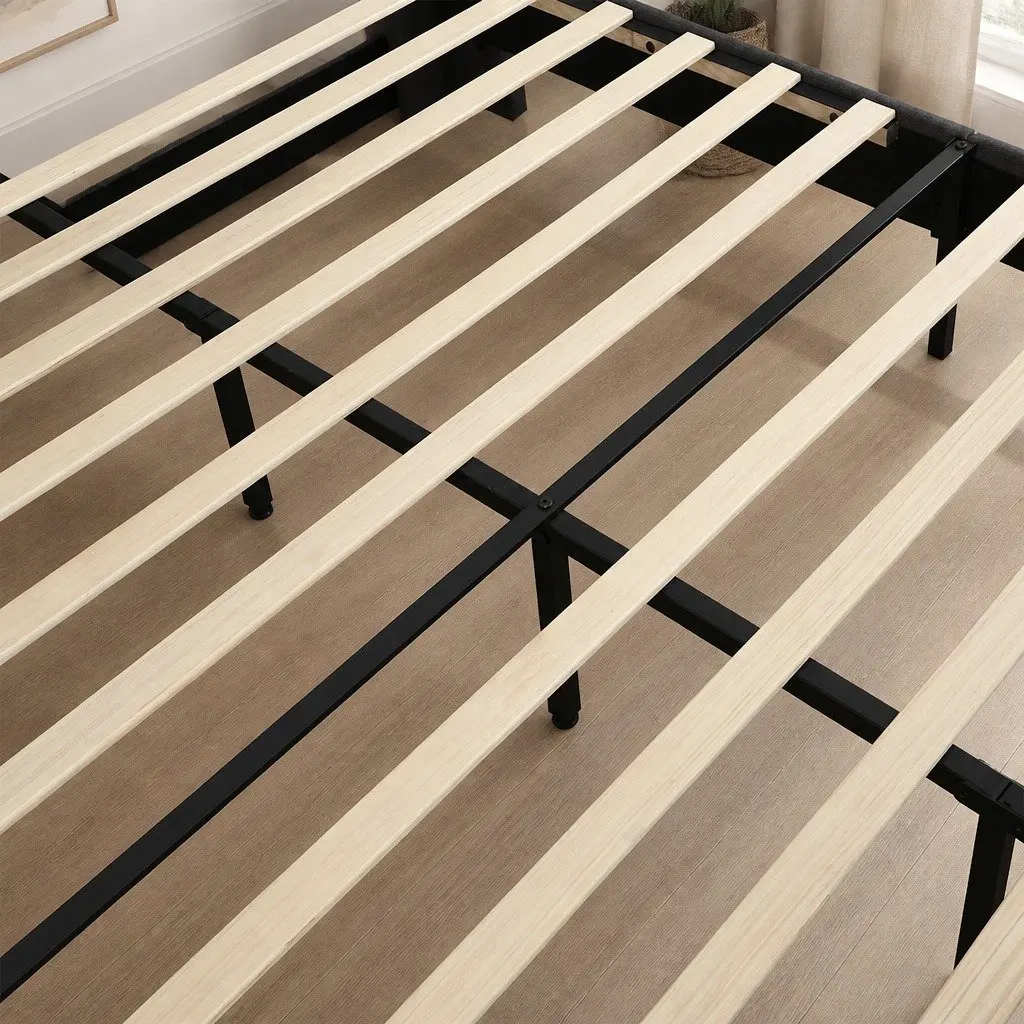 Queen Size Bed Frame Grey Velvet Padded Headboard Wooden Slat Platform Base