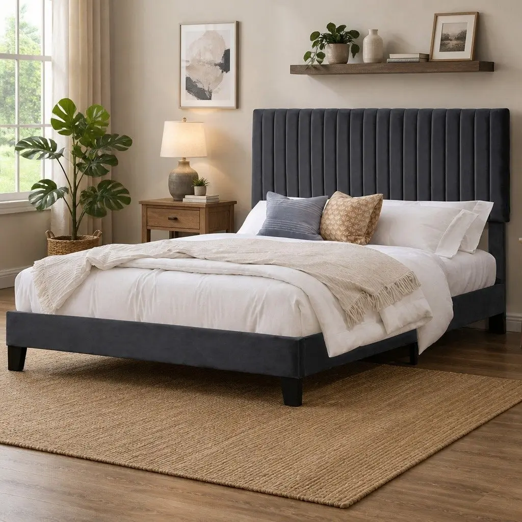 Queen Size Bed Frame Grey Velvet Padded Headboard Wooden Slat Platform Base