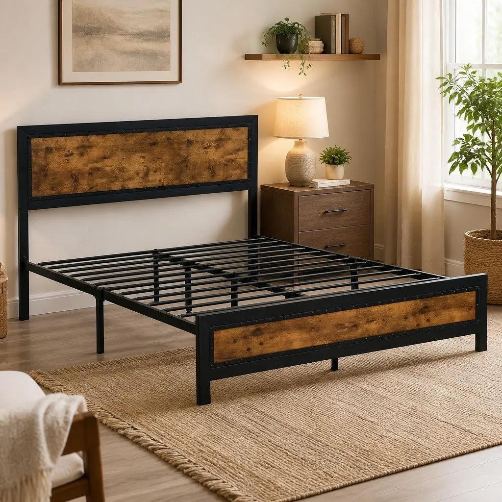 Double Bed Frame Steel Slats Support Double Size Brown