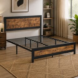 Queen Metal Bed Frame with Steel Slats Storage Drawers Optional Industrial