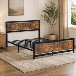 Metal Bed Frame Double Queen Size Industrial Steel Slats Storage Mattress Base