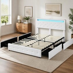 Double Bed Frame with RGB LED Storage Drawers USB Charging Port Queen Size