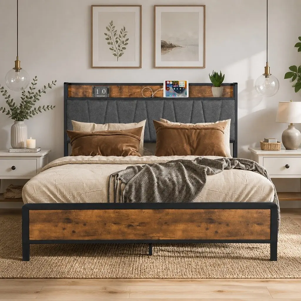 Queen Bed Frame Upholstered Tufted Headboard with USB Charging Ports and Storage Shelf