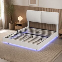 Queen Floating Bed Frame LED Light Adjustable Headrest Storage Metal Slats